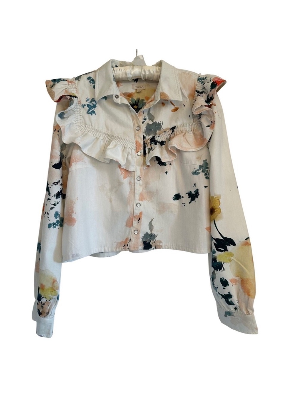 Pilcro White Button-Down Blouse with Pastel Floral Ruffle